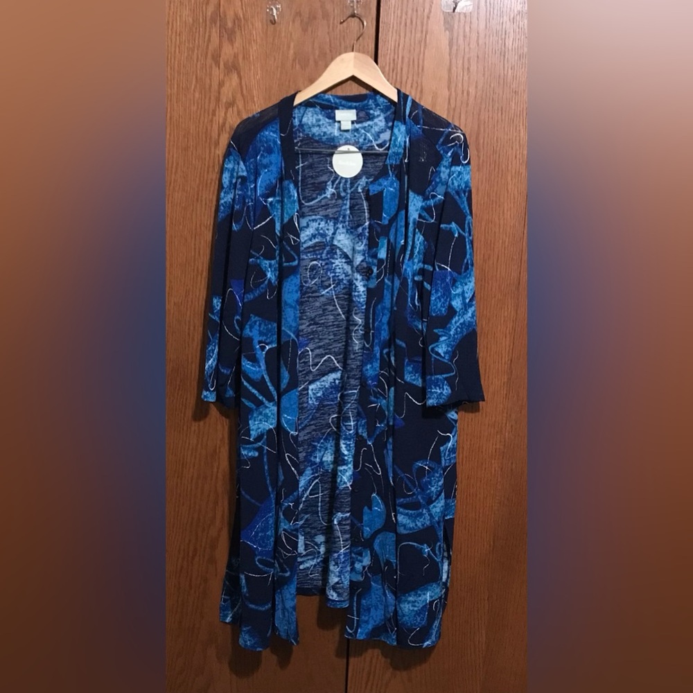 NWT Zim & Zoe Size 30/32 Picasso Knit Top Shirt Button Down Blue Abstract